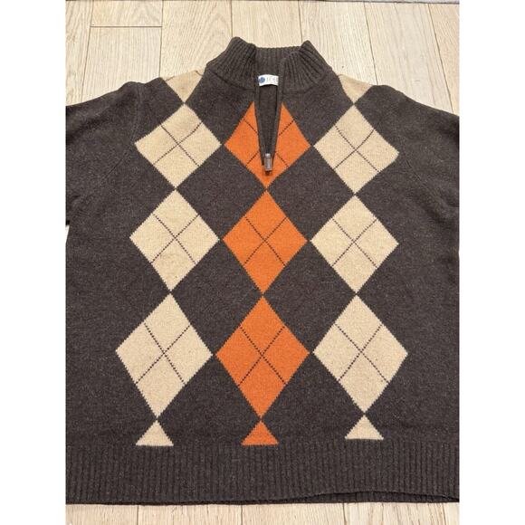 J Crew 100% Lambswool Academic Argyle Collared Half Zip Sweater Sz L Brown - Picture 3 of 9